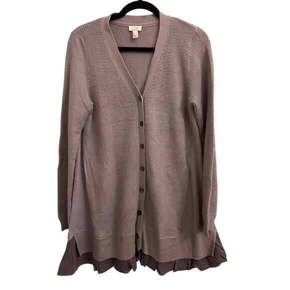 LOGO by Lori Goldstein Mixed media ruffle hem midi length cardigan oversized XS - Picture 1 of 9